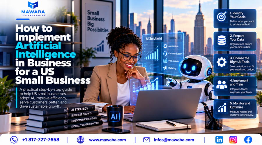 How to implement artificial intelligence in a US small business: five essential steps to adopt AI, automate tasks, improve customer service, increase productivity, and accelerate business growth with Mawaba Technologies.